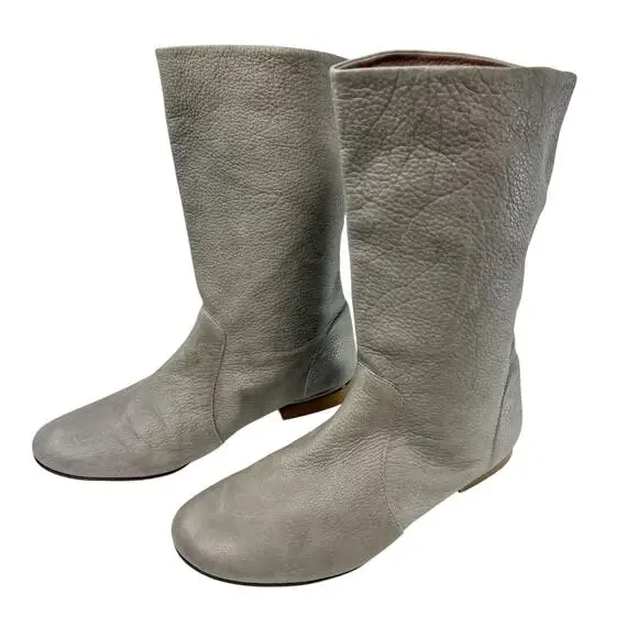 Delphine Conty Slouchy Boots Size 9 Flat Pull on Mid Calf Pebbled Leather Gray - Picture 1 of 10